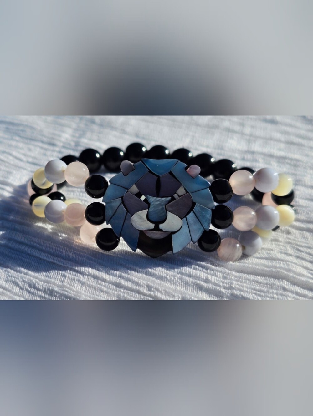 Vintage Lee Sands Mosaic Lion HeadBracelet Black Onyx Mother of Pearl Bracelet